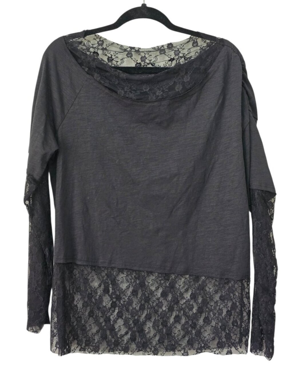 Shein Black Long Sleeve Wide Scoop Neck w. Lace Accents Size Large
